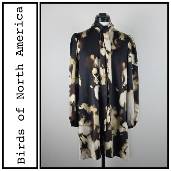 Birds‑of‑North‑America — Black & Cream Print Long‑Sleeve Mini Shirt‑Dress — Size - Picture 1 of 11